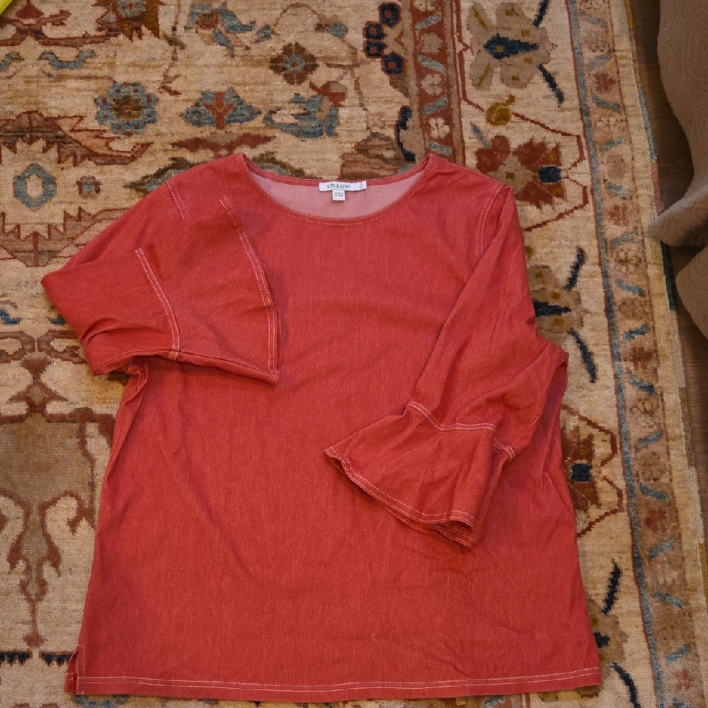 Chico's Lt Red Denim 3/4 Sleeve Top with Flared Cuffs, Size 3